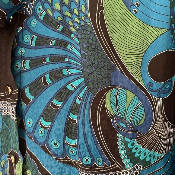 Chicos Peacock Blouse Tie Neck Balloon Statement Sleeve Silky Satin Size 3 16/18 - Picture 5 of 10